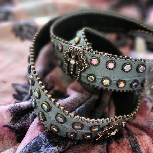 Nocona Alligator Rhinestone Studded Genuine Leather Turquoise Green Leather Belt - Picture 7 of 7